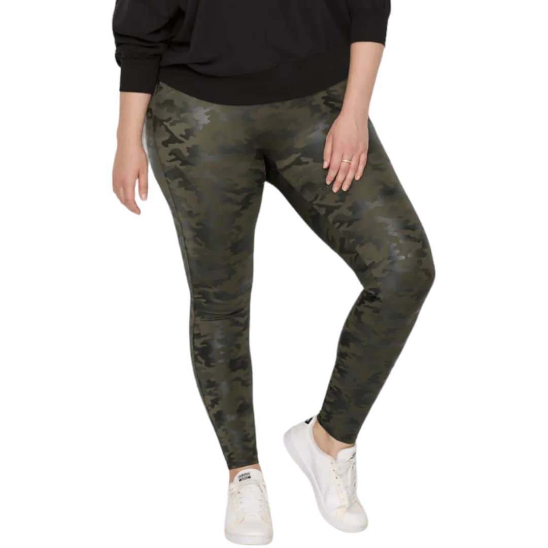 Spanx Faux Leather Camo Leggings 3x Green Plus Size High Rise Smoothing